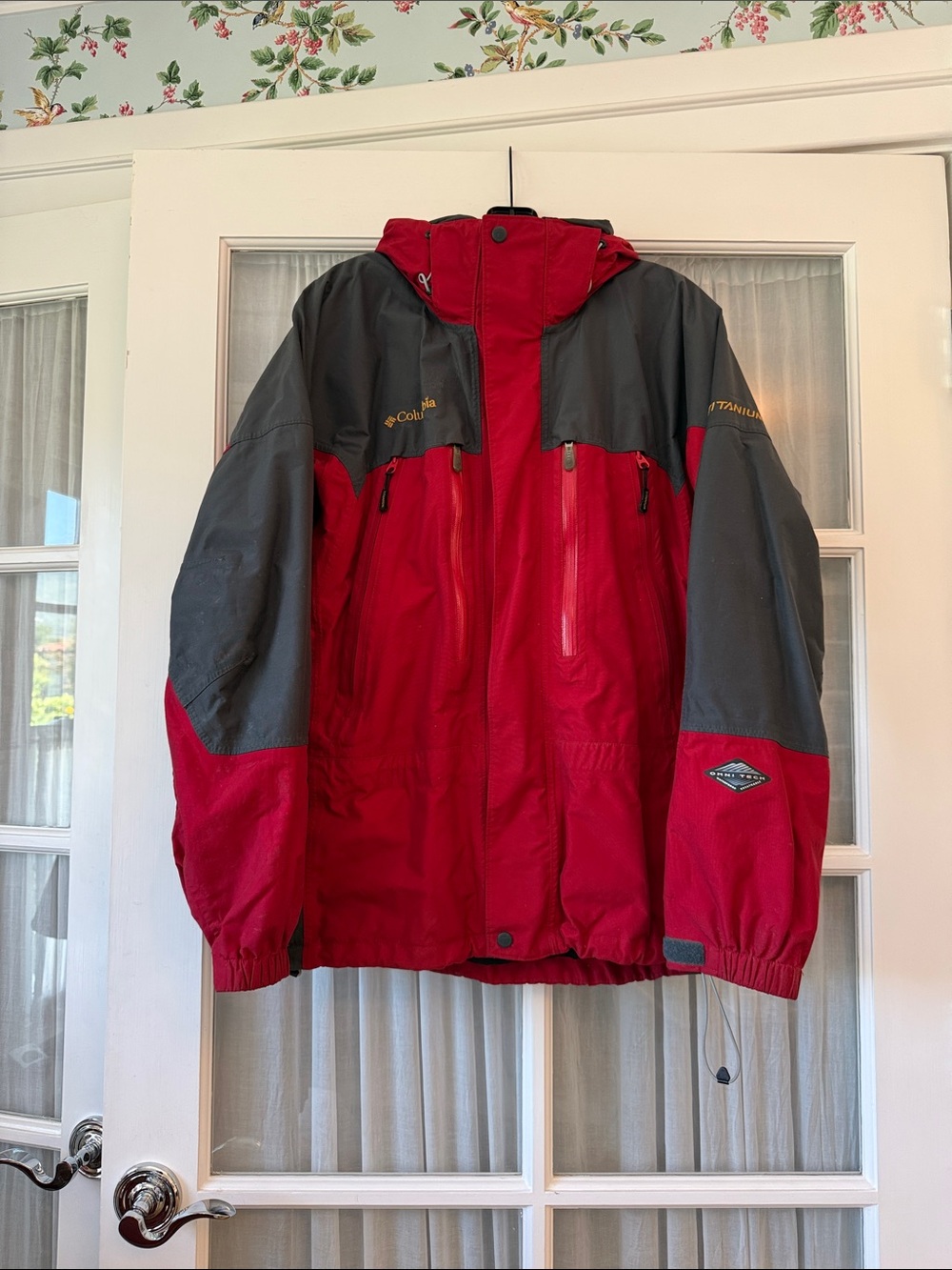Columbia Men's Red and Gray Rain Jacket with Hood
